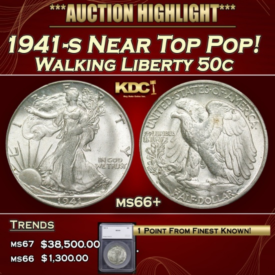 *Highlight* 1941-s Walking Liberty Half Dollar Near Top Pop! 50c ms66+ SEGS (fc)