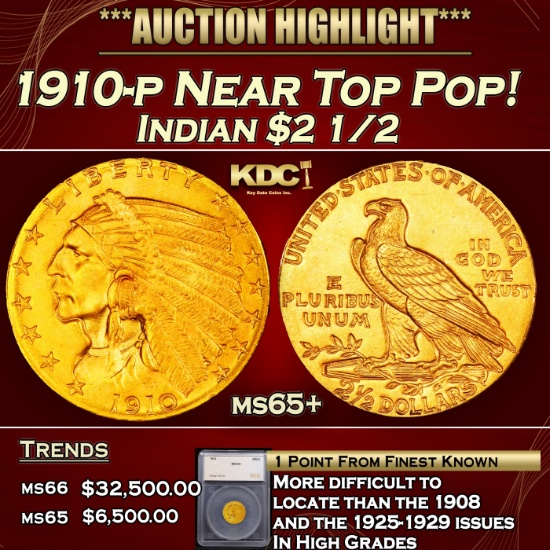 *Highlight* 1910-p Gold Indian Quarter Eagle Near Top Pop! $2 1/2 ms65+ SEGS (fc)