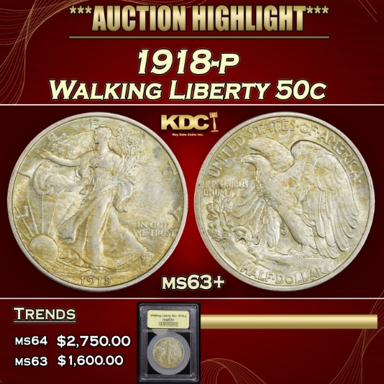 *Highlight* 1918-p Walking Liberty Half Dollar 50c Select+ Unc USCG (fc)