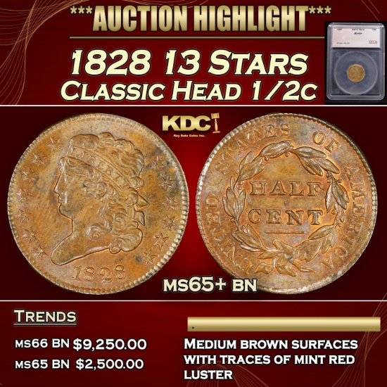 *Highlight* 1828 13 Stars Classic Head half cent 1/2c ms65+ bn SEGS (fc)