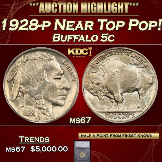 *Highlight* 1928-p Buffalo Nickel Near Top Pop! 5c ms67 SEGS (fc)