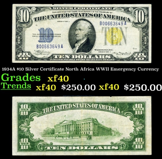 1934A $10 Silver Certificate North Africa WWII Emergency Currency Grades xf