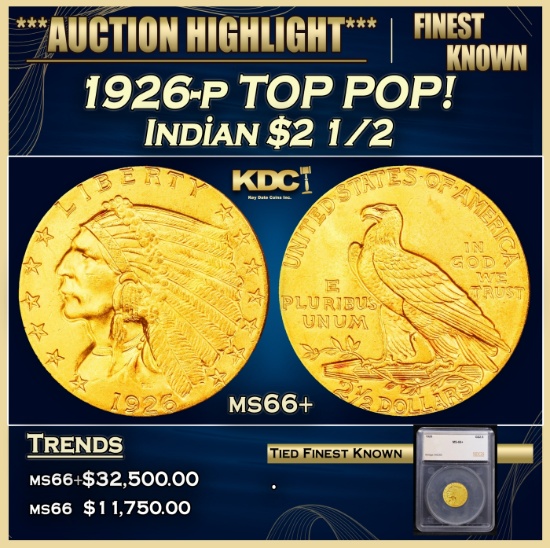 *Highlight* 1926-p Gold Indian Quarter Eagle TOP POP! $2 1/2 ms66+ SEGS (fc)