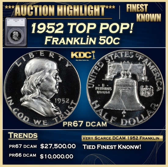 *Highlight* 1952 Proof Franklin Half Dollar TOP POP! 50c pr67 dcam SEGS (fc)