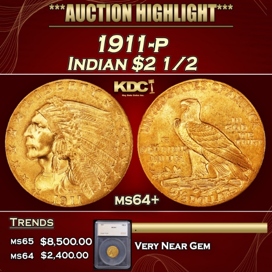 *Highlight* 1911-p Gold Indian Quarter Eagle $2 1/2 ms64+ SEGS (fc)