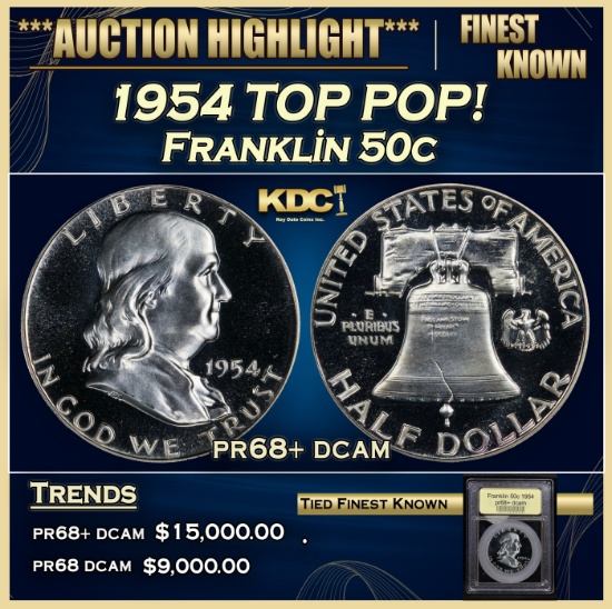 *Highlight* 1954 Proof Franklin Half Dollar TOP POP! 50c GEM++ Proof Deep Cameo USCG (fc)
