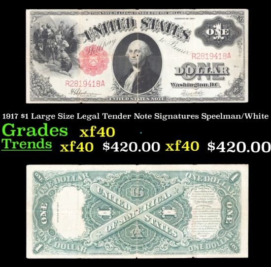 1917 $1 Large Size Legal Tender Note Grades xf Signatures Speelman/White