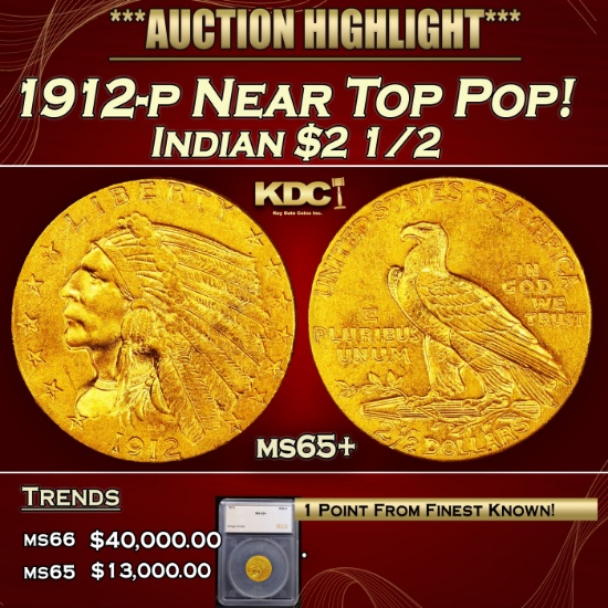 *Highlight* 1912-p Gold Indian Quarter Eagle Near Top Pop! $2 1/2 ms65+ SEGS (fc)