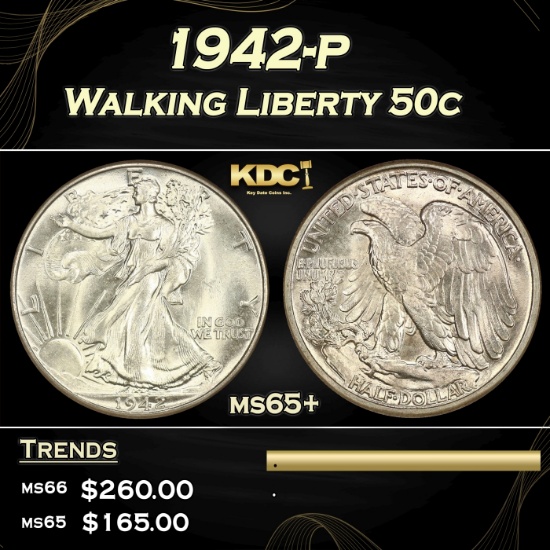 1942-s Walking Liberty Half Dollar 50c Grades GEM+ Unc