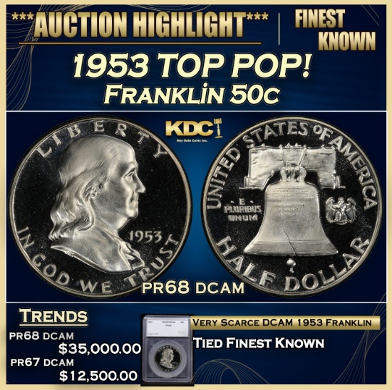 *Highlight* 1953 Proof Franklin Half Dollar TOP POP! 50c pr68 dcam SEGS (fc)