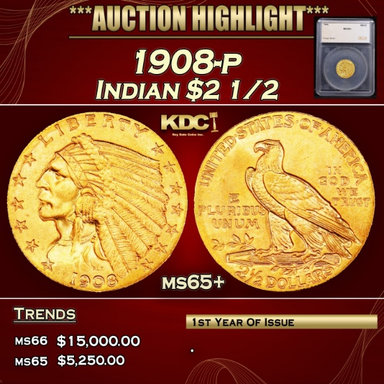 *Highlight* 1908-p Gold Indian Quarter Eagle $2 1/2 ms65+ SEGS (fc)