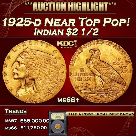 *Highlight* 1925-d Gold Indian Quarter Eagle Near Top Pop! $2 1/2 GEM++ Unc USCG (fc)