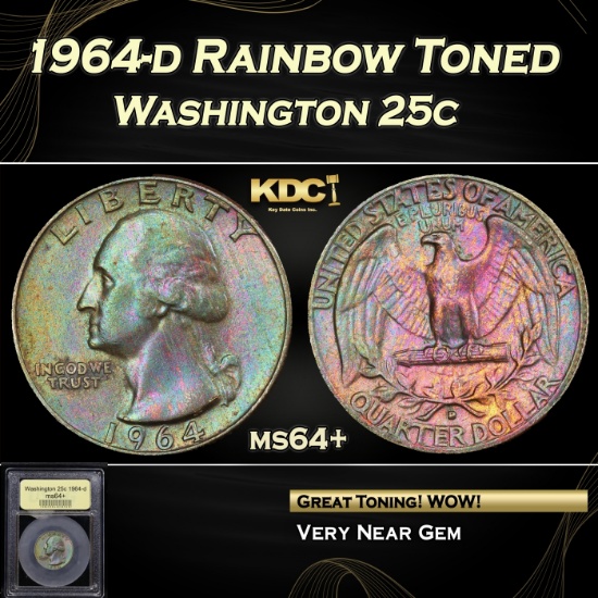 1964-d Washington Quarter Rainbow Toned 25c Choice+ Unc USCG
