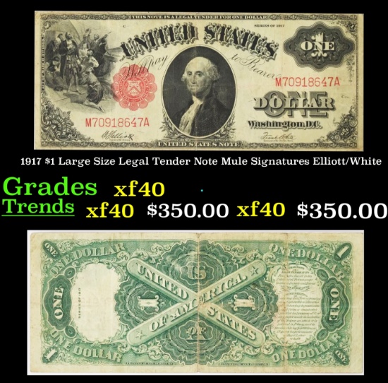 1917 $1 Large Size Legal Tender Note Mule Grades xf Signatures Elliott/White