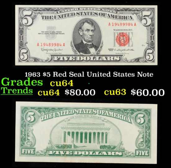 1963 $5 Red Seal United States Note Grades Choice CU