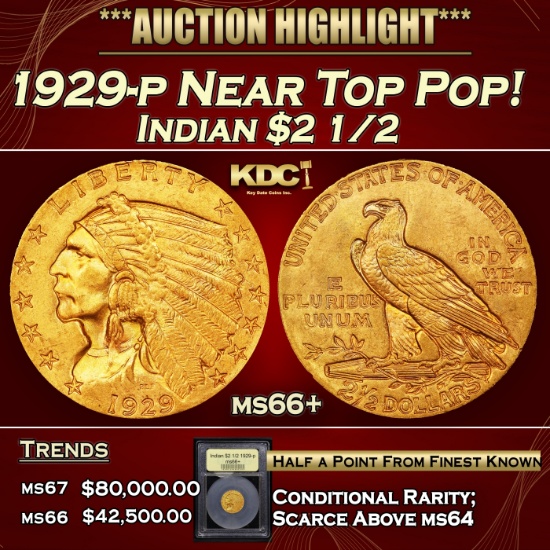 *Highlight* 1929-p Gold Indian Quarter Eagle Near Top Pop! $2 1/2 GEM++ Unc USCG (fc)