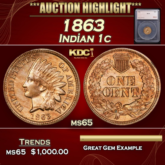 *Highlight* 1863 Indian Cent 1c ms65 SEGS (fc)