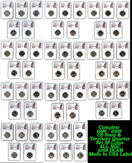 ***Major Highlight*** Complete 1999 - 2009 US State & Territory Quarter Set 56 Coins ALL  pr69 DCAM