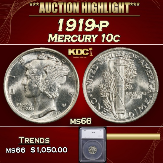 *Highlight* 1919-p Mercury Dime 10c ms66 SEGS (fc)