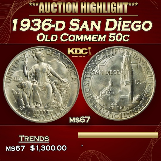 *Highlight* 1936-d San Diego Old Commem Half Dollar 50c ms67 SEGS (fc)