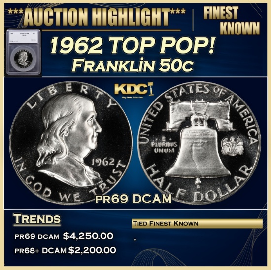 *Highlight* 1962 Proof Franklin Half Dollar TOP POP! 50c pr69 DCAM SEGS (fc)