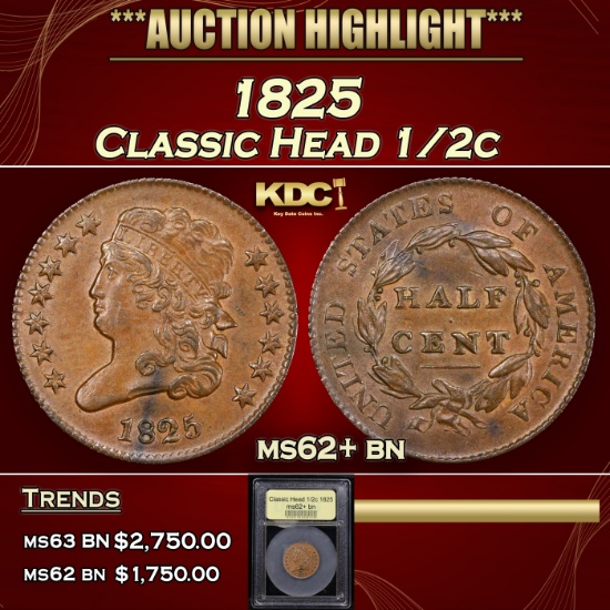 *Highlight* 1825 Classic Head half cent 1/2c Select Unc BN USCG (fc)