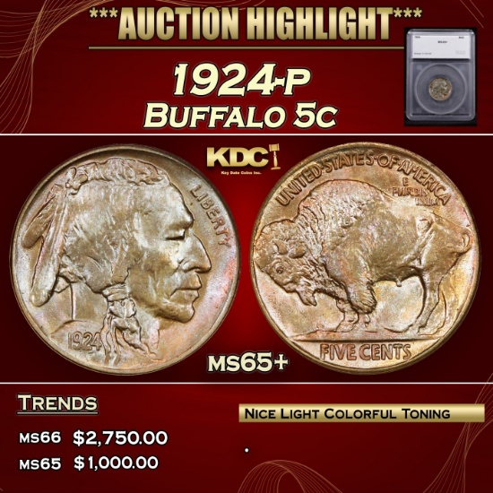 *Highlight* 1924-p Buffalo Nickel 5c ms65+ SEGS (fc)