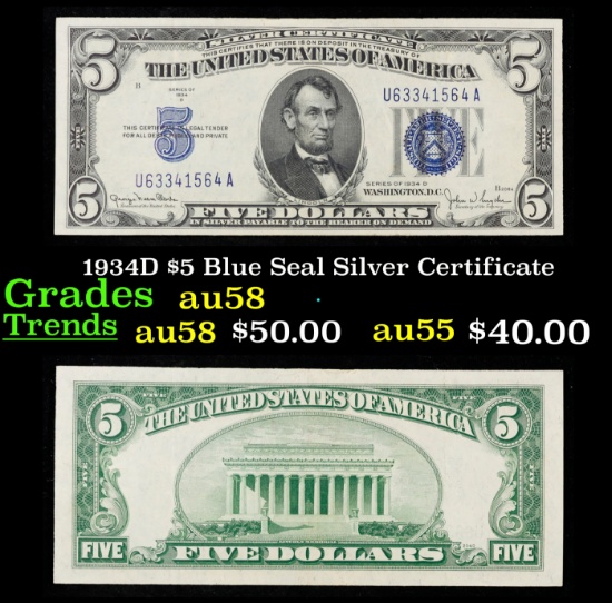 1934D $5 Blue Seal Silver Certificate Grades Choice AU/BU Slider