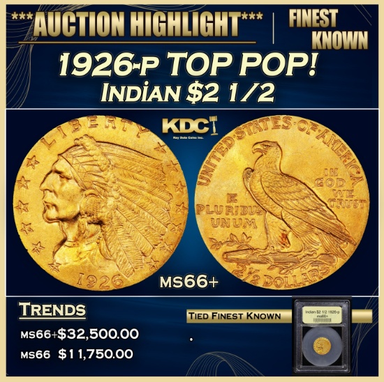 *Highlight* 1926-p Gold Indian Quarter Eagle TOP POP! $2 1/2 GEM++ Unc USCG (fc)