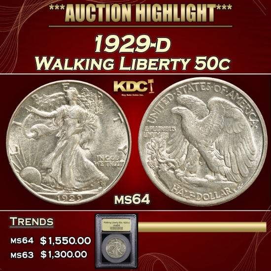 *Highlight* 1929-d Walking Liberty Half Dollar 50c Choice Unc USCG (fc)