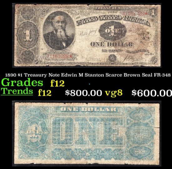 1890 $1 Treasury Note Edwin M Stanton Scarce Brown Seal Grades f, fine FR-348