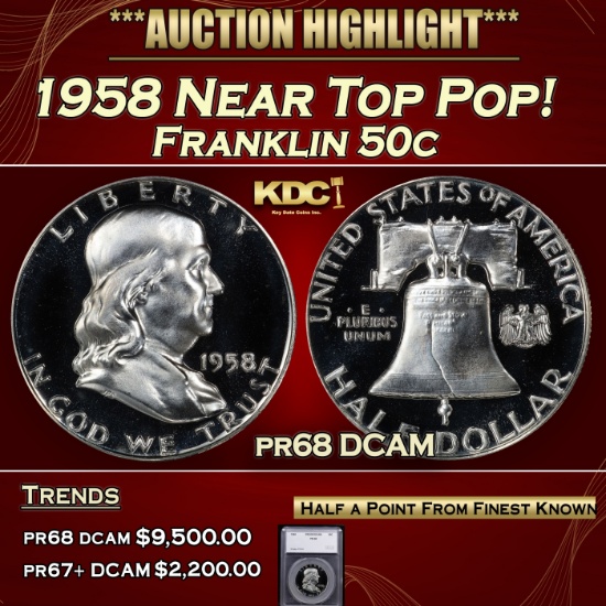 *Highlight* 1958 Proof Franklin Half Dollar Near Top Pop! 50c pr68 DCAM SEGS (fc)