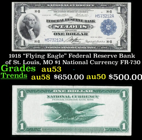 1918 "Flying Eagle" Federal Reserve Bank of St. Louis, MO $1 National Currency Grades Select AU FR-7