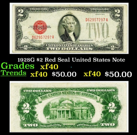 1928G $2 Red Seal United States Note Grades xf