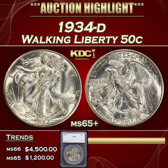 *Highlight* 1934-d Walking Liberty Half Dollar 50c ms65+ SEGS (fc)