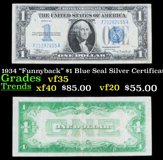 1934 "Funnyback" $1 Blue Seal Silver Certificate Grades vf++