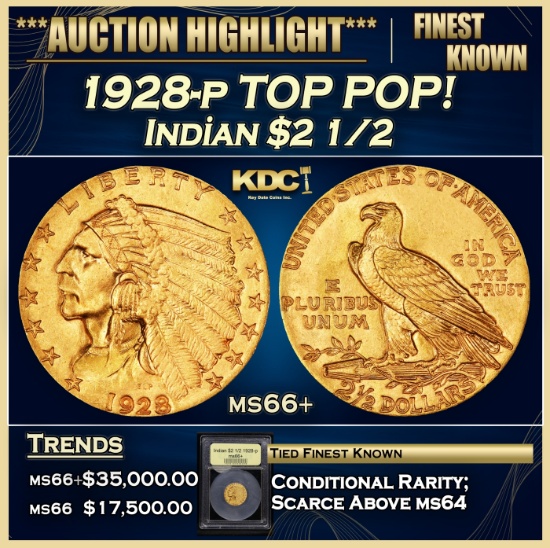 *Highlight* 1928-p Gold Indian Quarter Eagle TOP POP! $2 1/2 GEM++ Unc USCG (fc)