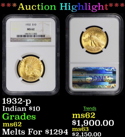 *Highlight* NGC 1932-p Gold Indian Eagle $10 ms62 NGC (fc)