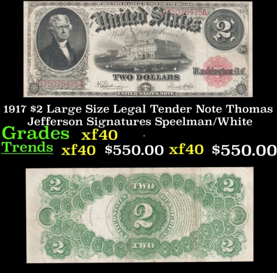 1917 $2 Large Size Legal Tender Note Thomas Jefferson Grades xf Signatures Speelman/White
