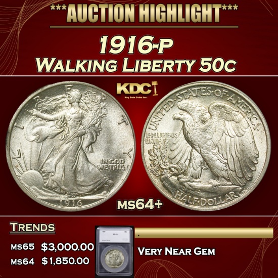 *Highlight* 1916-p Walking Liberty Half Dollar 50c ms64+ SEGS (fc)
