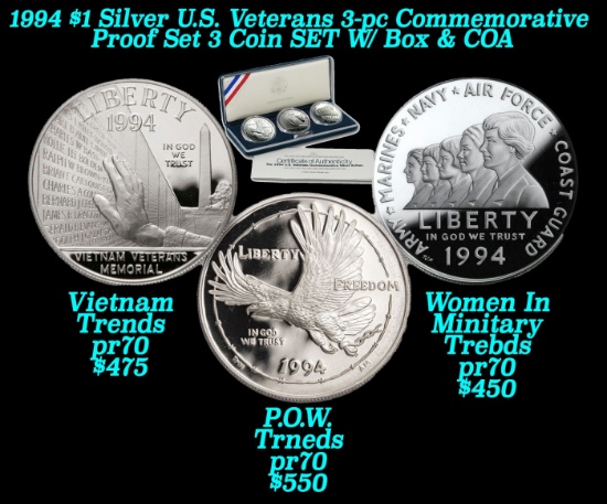 1994 $1 Silver U.S. Veterans 3-pc Commemorative Proof Set 3 Coin SET W/ Box & COA