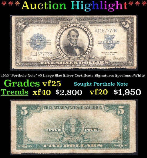 *Highlight* 1923 "Porthole Note" $5 Large Size Silver Certificate Grades vf+ Signatures Speelman/Whi