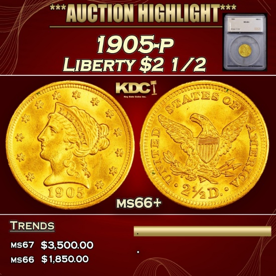 *Highlight* 1905-p Gold Liberty Quarter Eagle $2 1/2 ms66+ SEGS (fc)
