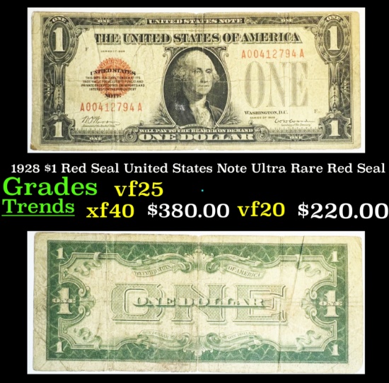 1928 $1 Red Seal United States Note Ultra Rare Red Seal Grades vf+