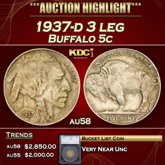 *Highlight* 1937-d 3 leg Buffalo Nickel 5c au58 SEGS (fc)