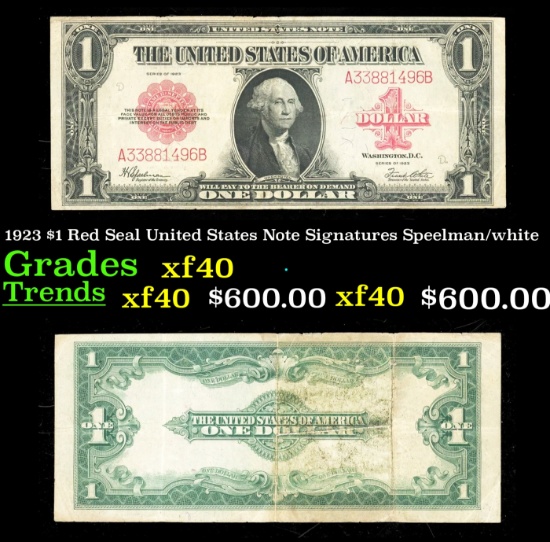 1923 $1 Red Seal United States Note Grades xf Signatures Speelman/white