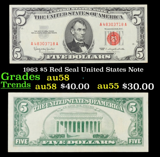 1963 $5 Red Seal United States Note Grades Choice AU/BU Slider