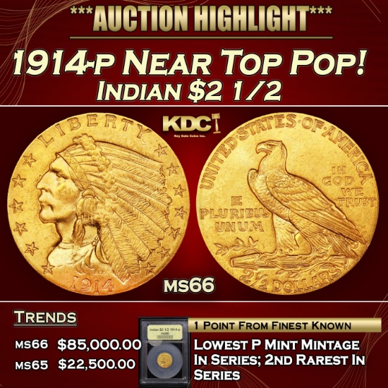 *Highlight* 1914-p Gold Indian Quarter Eagle Near Top Pop! $2 1/2 GEM+ Unc USCG (fc)