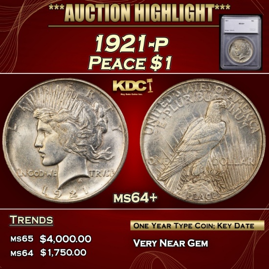 *Highlight* 1921-p Peace Dollar $1 ms64+ SEGS (fc)