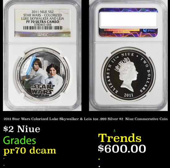 NGC  2011 Star Wars Colorized Luke Skywalker & Leia 1oz .999 Silver $2  Niue Commerative Coin Proof